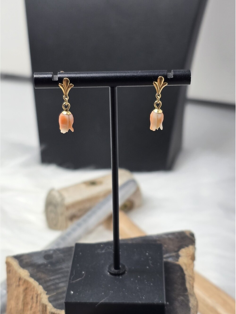 14k Yellow Gold Angel Skin Coral Carved Tulip Drop Earrings